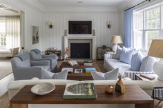 a living room filled with furniture and a fire place in front of a tv mounted on the wall