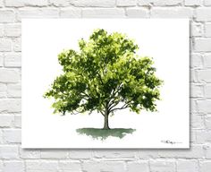 a watercolor painting of a tree on a white brick wall