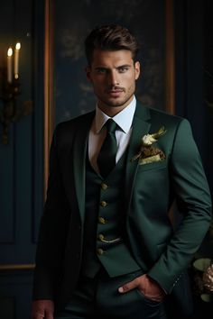 a man wearing a green suit and tie