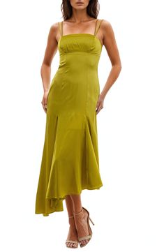 Indulge in the luxe feel of this silky and stretchy satin dress flaunting a fluttery asymmetric hem for beautiful animation. 55" length (size Small) Hidden back-zip closure Square neck Adjustable straps 95% polyester, 5% spandex Machine wash, line dry Imported Chartreuse Dress, Beautiful Animation, Satin Dress, Nordstrom Dresses, Asymmetric Hem, Satin Dresses, Square Neck, Green Dress, Adjustable Straps