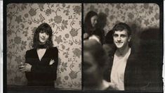 two black and white photos of people in front of wallpapered walls with flowers