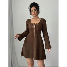 -Item Id 43370992 -Details: Knot -Neckline: Square Neck -Sleeve Type: Flare Sleeve -Style: Casual -Waist Line: High Waist -Hem Shaped: Flared -Color: Coffee Brown -Pattern Type: Plain -Sleeve Length: Extra-Long Sleeve -Length: Mini -Fit Type: Slim Fit -Fabric: Medium Stretch -Material: Knitwear -Composition: 100% Acrylic -Care Instructions: Hand Wash Or Professional Dry Clean -Temperature: Spring/Fall (18-25/63-77) -Sheer: No **Open To Offers!!!** **Bundle To Save More** **30% Off Bundles Of 2 O Brown Pattern, Extra Long Sleeves, Color Coffee, Classy Chic, Coffee Brown, Fabric Medium, Knit Sweater Dress, Lantern Sleeve, Chic Boutique