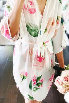 Floral Bridesmaid Robes make a cute gift! Feminine Spring Wedding Robe, Summer Wedding Night Floral Sleepwear, Summer Wedding Night Floral Print Sleepwear, White Summer Sleepwear For Bridesmaids, Feminine Spring Wedding Night Robe, Feminine Spring Robe For Wedding Night, Feminine Floral Print Sleepwear For Wedding Night, Feminine Kimono For Wedding Night, Pink Kimono For Spring Wedding