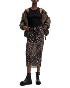 Allsaints Nora Skirt Mesh Midi Skirt, Golden Brown, Printed Maxi, All Saints, Midi Length, 12 Months, Leopard Print, Midi Skirt, Womens Skirt