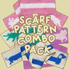 several knitted scarves with the words scarf pattern combo pack written in large letters