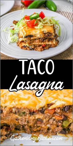 Taco lasagna on top and bottom with "Taco Lasagna" printed in middle. Mccormick Taco Lasagna, Meal Ideas With Tortillas, Taco Tortilla Bake, Mexican Casserole Flour Tortillas, Chicken Enchilada Lasagna With Tortillas, Taco Lasagne Flour Tortillas, Taco Casserole Recipes Tortillas, Tortilla Lasagne Mexican Lasagna, Recipes Using Tortillas Dinners