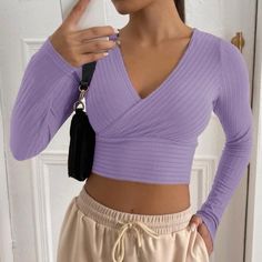 Lilac Long Sleeved Crop Top Never Worn Pet Free, Smoke Free Home Same Day Shipping If Purchased Before 3pm Red Long Sleeve Crop Top, Lilac Crop Top, Beach Crop Tops, Ibiza Outfits, Long Sleeve Knit Tops, Knit Crop Top, Shein Tops, Knit Crop, Blue Top