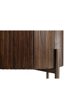 the sideboard is made out of wood and has metal handles on each side, along with