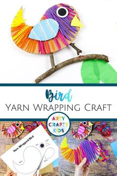 yarn wrapped paper bird craft for kids to make