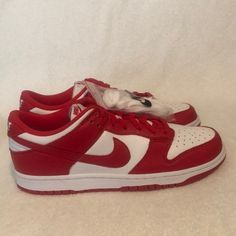 Nike Red/ White Dunk High Demand Shoe.Size 10. Jordan Black Cat, Nike Dunk Low Sp, Jordan Cp3, Lebron 9, Nike Air Max 200, Basketball Shoes For Men, White Basketball Shoes, Baseball Shoes