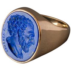 This exquisite intaglio is masterfully engraved onto rich lapis lazuli gemstone and features the Ancient Greek statesman and orator, Demosthenes. The stone is set in an 18K gold signet ring. Demosthenes led Athens in the effort to oppose the influence of Philip of Macedon. His speeches and leadership rallied the Athenians to defend their freedom and culture. To this day he is regarded as one of the most distinguished thinkers and speakers of his era. Production time for this piece is 12-14 weeks Diamond Signet Ring, Art Ancien, Lapis Lazuli Gemstone, Signet Rings, Lapis Lazuli Ring, Silver Signet Ring, Gold Signet Ring, Lapis Lazuli Stone, Eye Jewelry