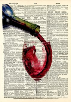 a glass of red wine is being poured into a bottle on an old book page