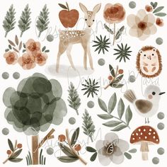 the woodland animals are surrounded by flowers and leaves, including an owl, deer, hedgehog