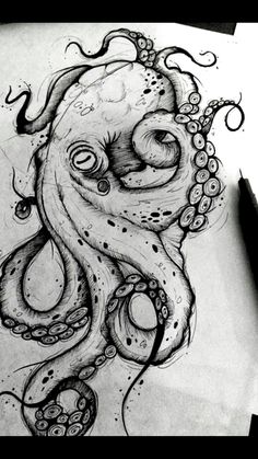 an octopus drawing with ink on paper