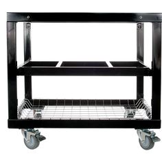 a black cart with two shelves on wheels