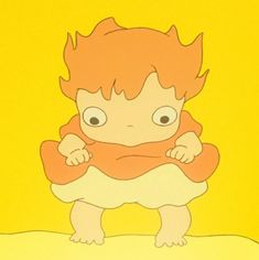 a drawing of a child with red hair and big eyes standing in front of a yellow background