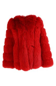 Soft-to-the-touch faux fur means luxurious texture in this statement-making jacket that's perfect for cool nights on the town. 28" length Front hook-and-eye closure Jewel neck On-seam pockets Lined 100% polyester faux fur Dry clean Imported Red Fur Coat With Faux Fur Trim, Luxury Fluffy Fur Coat For Fall, Luxury Faux Fur Outerwear With Feather Trim, Luxury Fluffy Faux Fur Outerwear, Red Faux Fur Coat, Red Fur Coat, Red Fur, Fabulous Furs, Chic Coat