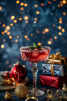 a red drink in a wine glass with a sprig of mint