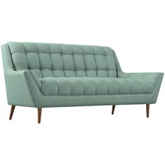 a blue couch with wooden legs and an upholstered back, on a white background