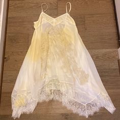 This Slip Dress Is Gorgeous. Fully Lined Although Both Layers Are Delicate And Thin. Yellow White Variation In Fabric, Embroidery, And Beautiful Lace At The Bottom. The Back Ties As Pictured. Floral Satin Dress, Fiesta Dress, Mixed Media Dress, White Slip Dress, Strappy Mini Dress, Yellow Maxi, Angel Dress, Fabric Embroidery, Tent Dress