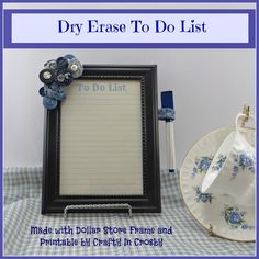 a dry erase to do list next to a plate with a pen and paper clip