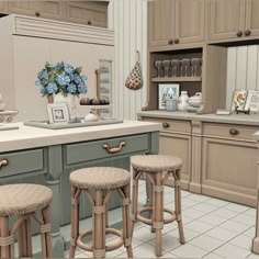 an image of a kitchen setting with stools and counter tops in the middle of the room