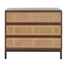 an image of a wooden and rattan dresser with two drawers on each side, one drawer open