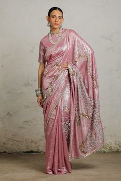 Pink handcrafted saree with floral, aari and zardozi technique hand embroidery. Comes with matching plain unstitched blouse piece. - Aza Fashions Zari Saree, Dress Saree, Desi Outfits, Modern Saree, Eternal Beauty, Saree Designs Party Wear, Sketches Dresses, Designer Jumpsuits, Desi Girl