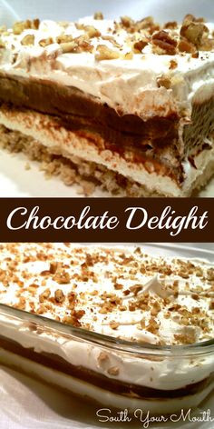 chocolate delight layered dessert with white frosting and walnuts on top, served in a glass dish