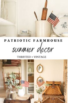 the farmhouse house summer decor thrifted and vintage items are displayed in this collage