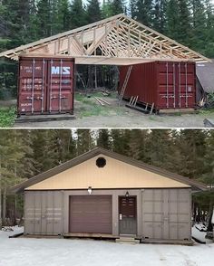 two pictures side by side one with a garage and the other with a shed attached to it