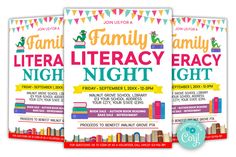 two children's library night flyers with colorful flags and buntings on them