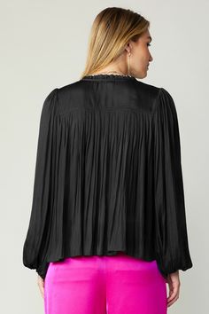 Delicate pleats enhance the billowy shape if this long-sleeve blouse. Featuring a split neckline with ruffle trim and tie detailing, it's loose, floaty, and incredibly romantic. •Split neckline with self-tie •Ruffle trim •Pleat detailing •Long sleeves with elasticized cuffs •Relaxed fit item number 2330055 100% Polyester Hand wash cold Puff Sleeve Blouse, Tie Blouse, Black Xs, Ruffle Trim, Black Blouse, Item Number, Sleeve Blouse, Split, Long Sleeve Blouse