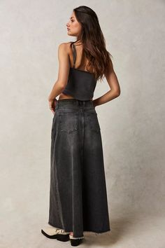 Come As You Are Denim Maxi Skirt | Free People Spring Washed Black Denim Skirt With Pockets, Chic Washed Denim Skirt, Chic Wide Leg Cotton Denim Skirt, Washed Black Denim Bottoms For Spring, Washed Black Denim Skirt For Spring, Washed Black Bottoms For Spring, Spring Washed Black Denim Skirt, Washed Black Denim Flare Jeans For Spring, Summer Washed Black Denim Skirt