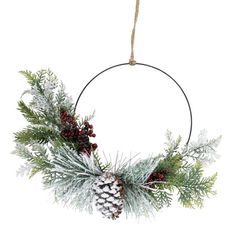 a christmas wreath with pine cones and evergreen leaves hanging from a rope on a white background