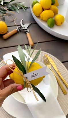 a person holding a lemon on top of a white plate next to yellow and green fruit