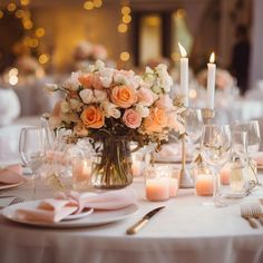 a table set with candles and flowers on it