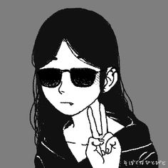 a drawing of a woman wearing sunglasses and holding up the peace sign with her hand