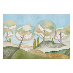 5014650 | Forest Hills Panel Set, Sky - Schumacher Wallpaper Abel Macias, Stylized Trees, Hand Printed Wallpaper, Fabric Covered Walls, Schumacher Wallpaper, Wallpaper Set, Aqua Wallpaper, Focal Wall, Neutral Wallpaper