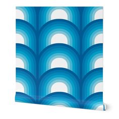 an abstract blue and white wallpaper with circles on the side, in front of a white background