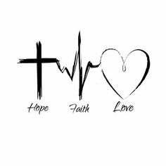 the words hope, faith and love written in black ink on a white background with a cross