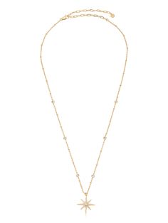 Materials18k Gold Plated, Brass, Cubic Zirconia Length 21.5" with a 5" extender Closure Clasp Starburst Pendant, Pearl Cuff, Back Necklace, Shoes For Leggings, Embellished Denim, Chain Anklet, Clear Crystals, Sparkling Crystal, Gold Plated Necklace