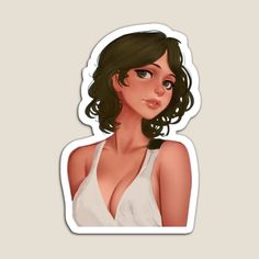 a sticker of a woman with dark hair wearing a white top and green eyes