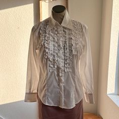 Gorgeous White Paisley Stamped, Ruffled Front With Polka Dotted Ruffles In Between, Button Down Top By Etro Sz: Eu 46/ Or Us Sz: 10. Bust From Pit To Pit Measures 20”, Shoulder To Shoulder 20”, Overall Length Is 24”. Ac Ruffles, Button Downs, Size 10, Casual Tops, Overalls, Button Down Shirt, Paisley, Womens Tops, White