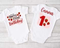 Processing of your order takes 4-9 business days, then shipping is First Class so allow another 3-6 business days.  Find matching Mom/Dad/Family Shirts here: https://www.etsy.com/listing/1640282016/berry-first-birthday-family-shirts?click_key=eb805cbf2b5eda06fc7f1e79f45ac0231b39ad01%3A1640282016&click_sum=78d5d953&ref=shop_home_active_1&pro=1&sts=1 All Shirts/Bodysuits are printed using DTG (Direct To Garment) printing. This is where the ink is directly sprayed onto the garment and then allowed Fitted Red Top For Birthday, Red Fitted Top For Birthday, Strawberry 1st Birthday, First Birthday Girl, Berry First Birthday, Strawberry Birthday, Old Outfits, Strawberry Party, Matching Mom