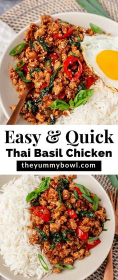 easy and quick thai basil chicken with rice in a white bowl on a woven place mat