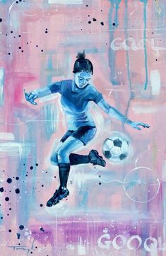 a painting of a person kicking a soccer ball