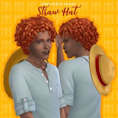 two black women with red hair are facing each other and one has a straw hat on her head