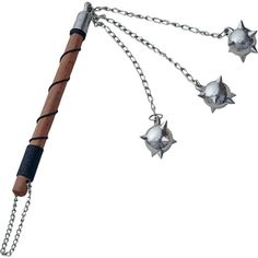 an umbrella with chains attached to it and three stars hanging from the handle, on a white background