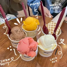 four scoops of ice cream on a wooden table with information about the different flavors